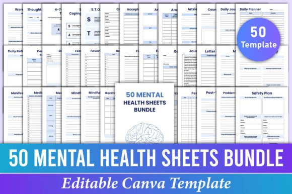 Download 50 Mental Health Sheets Bundle Canva Kdp - Premium Bundle